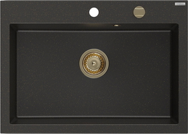 Mexen Elix granito plautuvė su viena kamera 700 x 500 mm, juoda/auksinis metalikas, aukso spalvos sifonas - 6526701005-75-G