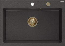 Mexen Elix granitinė virtuvės kriauklė, 1 skyrius, 700 x 500 mm, juoda dėmėta, sifonas auksinis - 6526701005-76-G
