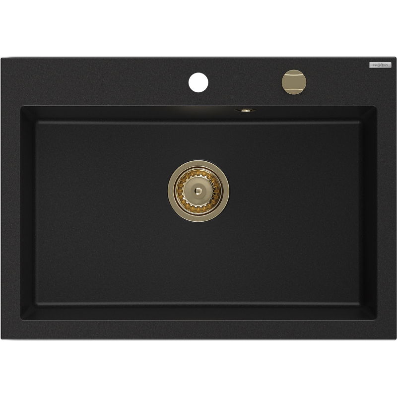 Mexen Elix granitinė vieno dubens plautuvė 700 x 500 mm, juoda, aukso sifonas - 6526701005-77-G