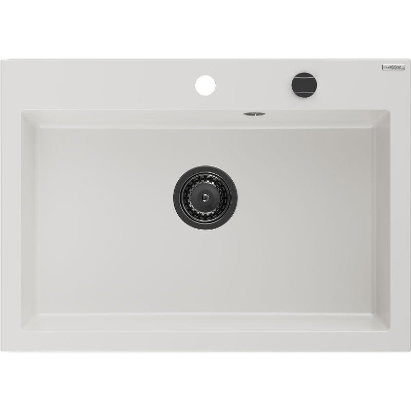 Mexen Elix vienos komoros granitinė plautuvė 700 x 500 mm, balta, juodas sifonas - 6526701005-20-B