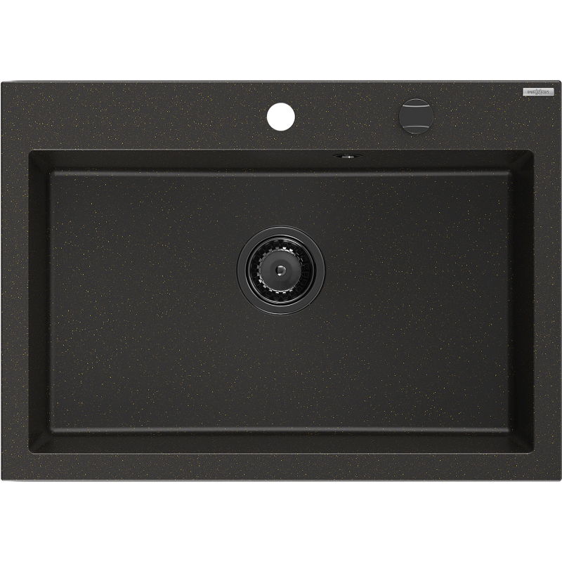 Mexen Elix granitinė kriauklė su viena anga, 700 x 500 mm, juoda/auksinė metalo spalva, juodas sifonas - 6526701005-75-B