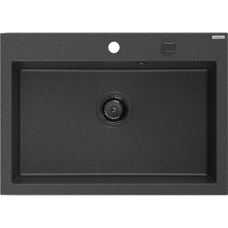 Mexen Elix akmens masės virtuvės kriauklė su vienu dubeniu 700 x 500 mm, juoda dėmėta, juodas sifonas - 6526701005-76-B
