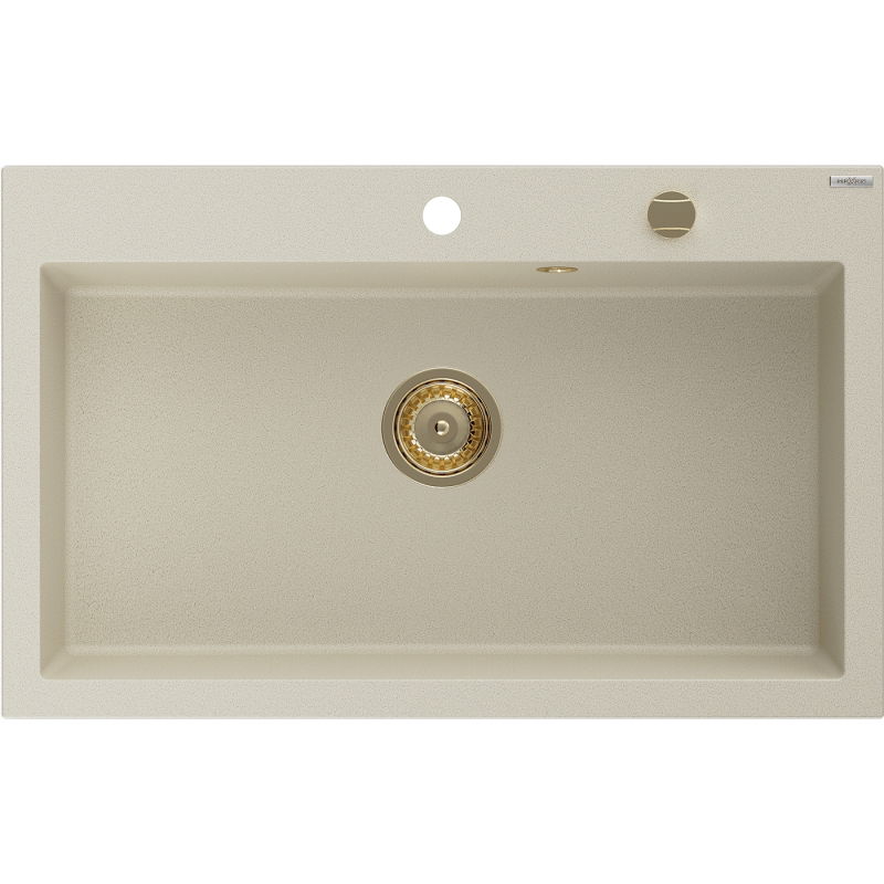 Mexen Elix granitinis plautuvas 1 skyrelio, 800 x 500 mm, smėlio spalvos, aukso sifonas - 6527801005-69-G