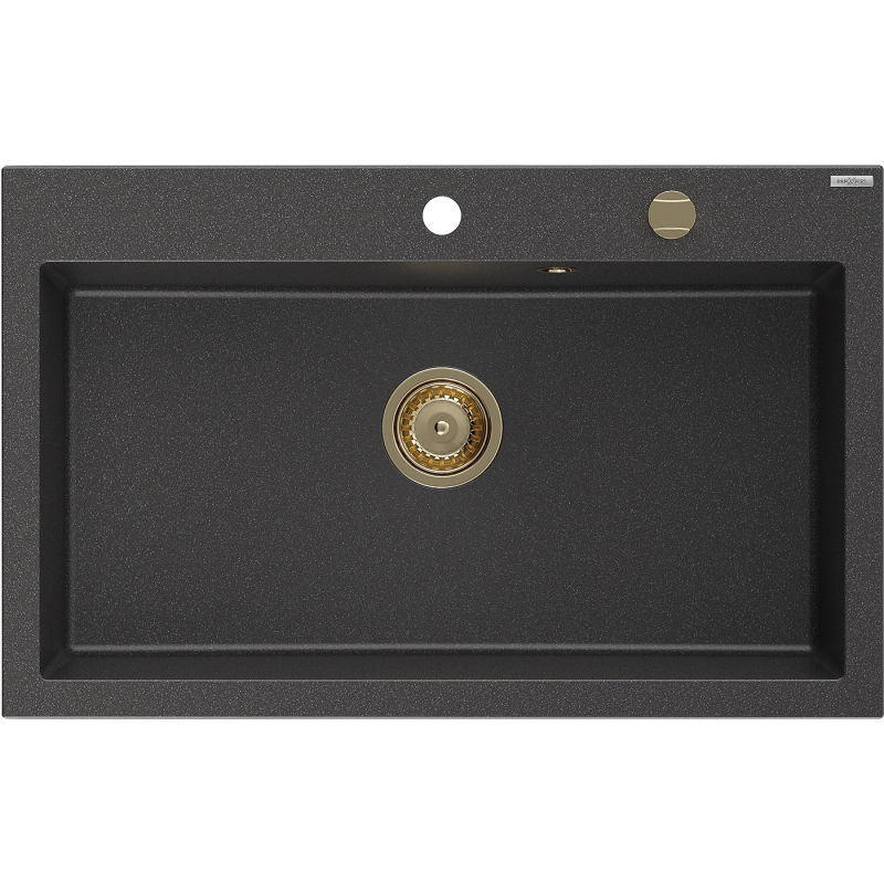 Mexen Elix granitinė vienos kameros kriauklė 800 x 500 mm, juoda taškuota, auksinis sifonas - 6527801005-76-G