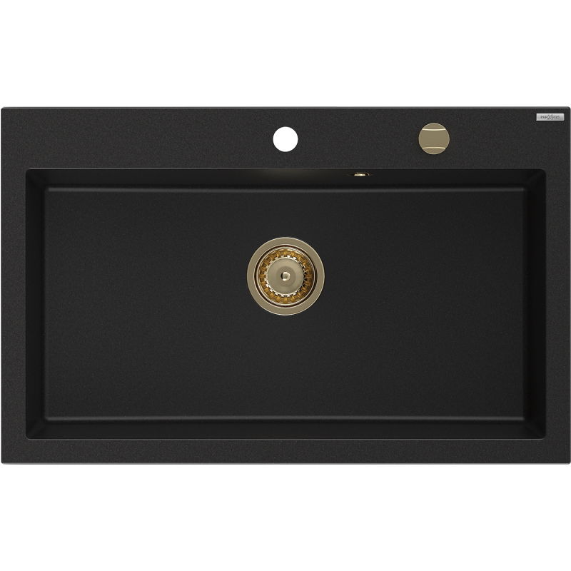Mexen Elix granito plautuvė 1-skyrius 800 x 500 mm, juoda, sifonas auksinis - 6527801005-77-G