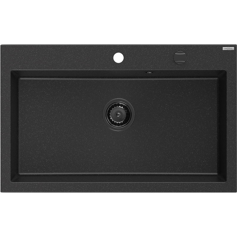 Mexen Elix granitinė virtuvės kriauklė, 1 skyrius, 800 x 500 mm, juoda/sidabrinė metalik, juodas sifonas - 6527801005-73-B