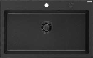 Mexen Elix granitinė virtuvės plautuvė 1-dubens, 800 x 500 mm, juoda/sidabrinė metalinė, juodas sifonas - 6527801005-73-B
