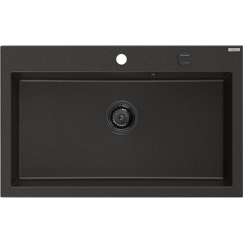 Mexen Elix granitinė virtuvinė plautuvė 1-skyrelio, 800 x 500 mm, juoda/auksinė metalo spalva, juodas sifonas - 6527801005-75-B