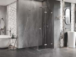 Mexen Lunar-F L dešinės pusės sulankstoma dušo kabina 90 x 90 cm, skaidri, šlifuotas nikelis - 836L-090-090-97-00-P