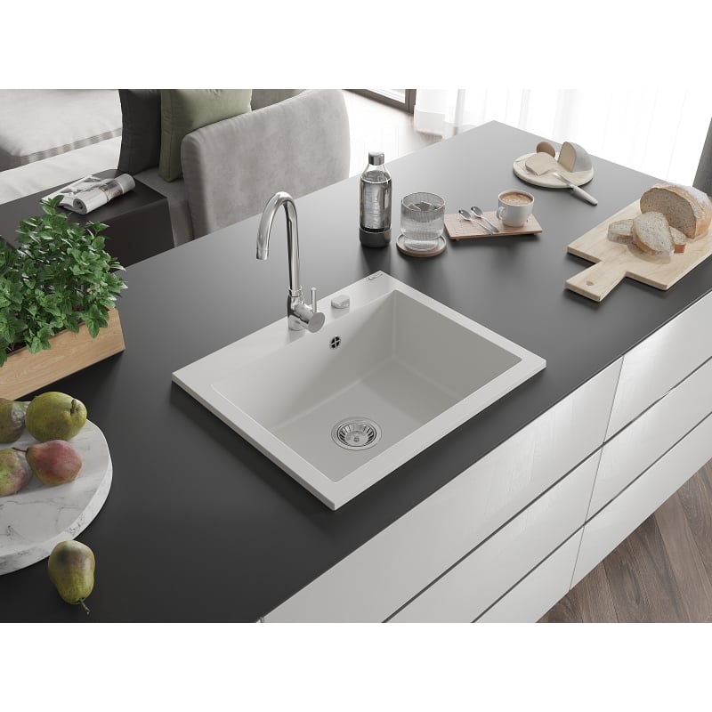 Mexen Elix granitinė kriauklė 1 skyrius 600 x 500 mm, balta, chromuotas sifonas - 6525601005-20