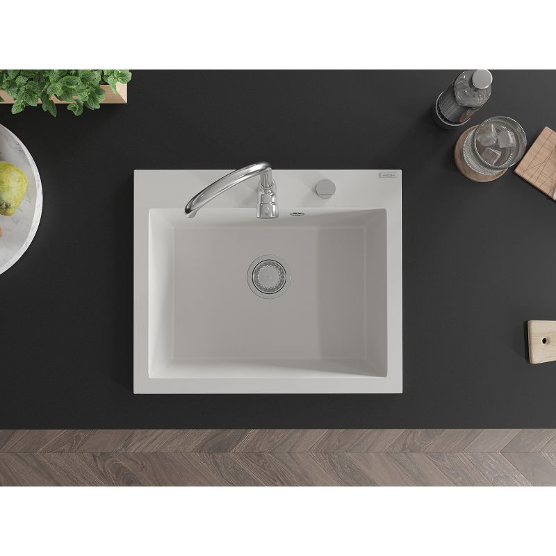 Mexen Elix granitinė kriauklė 1 skyrius 600 x 500 mm, balta, chromuotas sifonas - 6525601005-20