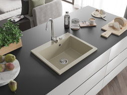 Mexen Elix granitinė vienos kameros virtuvės kriauklė 600 x 500 mm, smėlinė, chromuotas sifonas - 6525601005-69