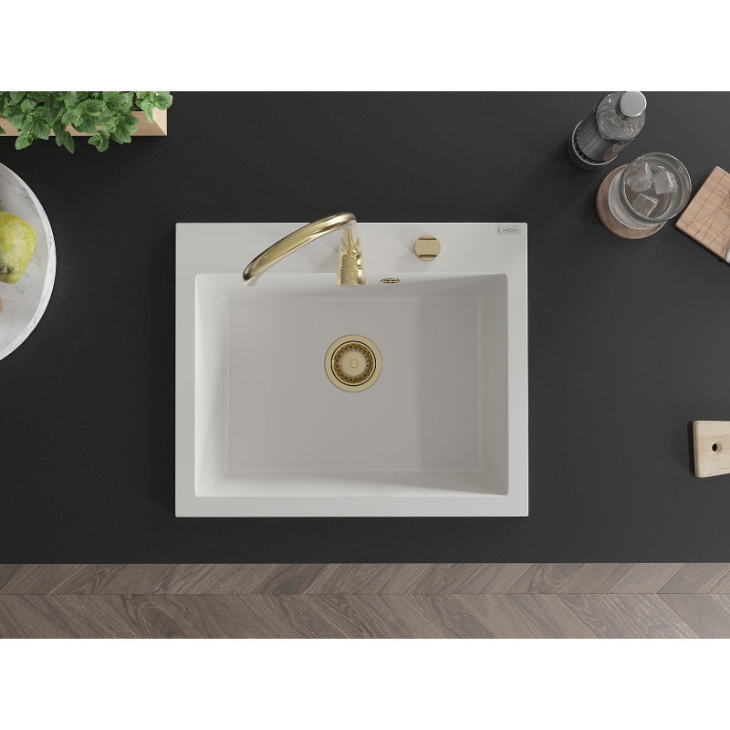 Mexen Elix granitinė vienos kameros plautuvė 600 x 500 mm, balta, sifonas auksinis - 6525601005-20-G
