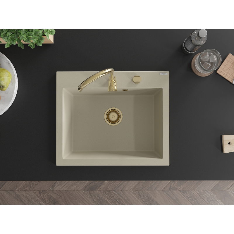 Mexen Elix granitinė virtuvės kriauklė vienos kameros 600 x 500 mm, smėlio spalvos, aukso sifonas - 6525601005-69-G