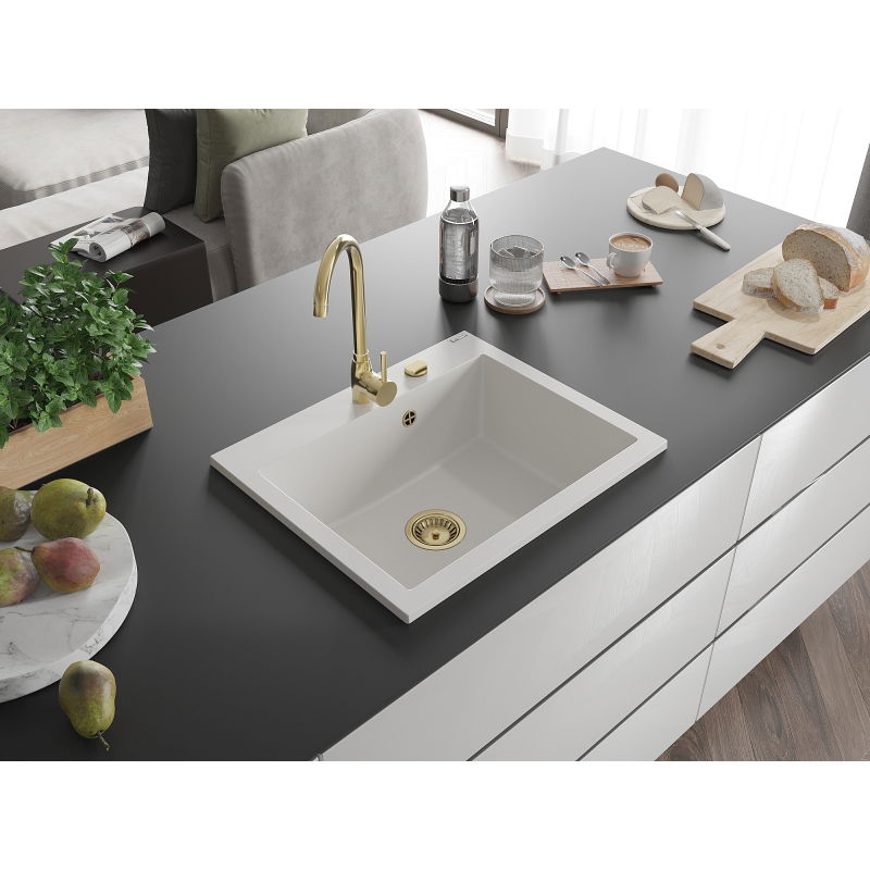 Mexen Elix granitinė vienos kameros plautuvė 600 x 500 mm, balta, sifonas auksinis - 6525601005-20-G