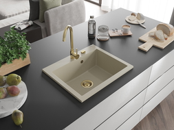 Mexen Elix granitinė virtuvės kriauklė vienos kameros 600 x 500 mm, smėlio spalvos, aukso sifonas - 6525601005-69-G