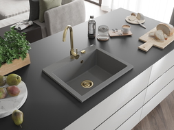 Mexen Elix granitinė vienaaukštė plautuvė 600 x 500 mm, pilka, auksinis sifonas - 6525601005-71-G
