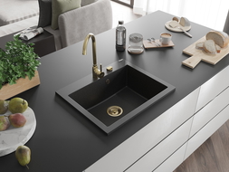 Mexen Elix granitinis vienos plautuvės praustuvas 600 x 500 mm, juodas/sidabrinis metalikas, sifonas auksinis - 6525601005-73-G