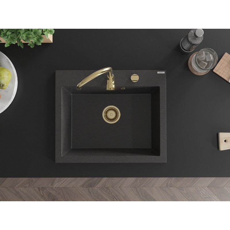 Mexen Elix granitinis virtuvės kriauklė 1 skyrius 600 x 500 mm, juoda dėmėta, aukso sifonas - 6525601005-76-G