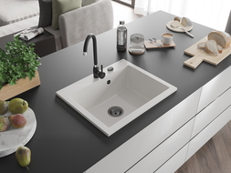 Mexen Elix granitinė vieno dubens kriauklė 600 x 500 mm, balta, juodas sifonas - 6525601005-20-B
