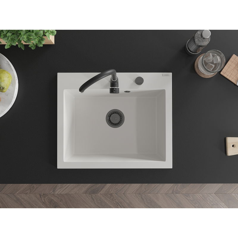 Mexen Elix granito plautuvė 1-ą kamerų 600 x 500 mm, balta, juodas sifonas - 6525601005-20-B