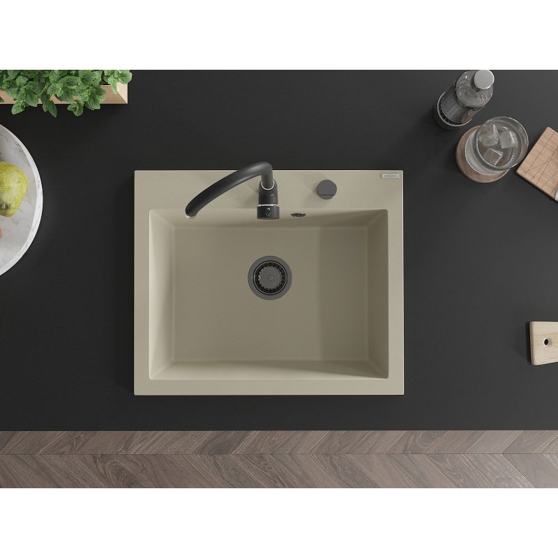 Mexen Elix granitinė virtuvės plautuvė, 1 skyrelio, 600 x 500 mm, smėlio, juodas sifonas - 6525601005-69-B