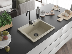 Mexen Elix granitinė virtuvės plautuvė, 1 skyrelio, 600 x 500 mm, smėlio, juodas sifonas - 6525601005-69-B