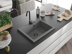 Mexen Elix granito plautuvė 1 skyrelio 600 x 500 mm, pilka, juodas sifonas - 6525601005-71-B