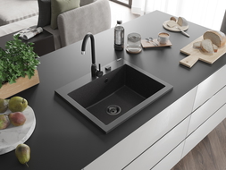 Mexen Elix granito plautuvė su vienu dubeniu 600 x 500 mm, juoda su dėmėmis, juodas sifonas - 6525601005-76-B