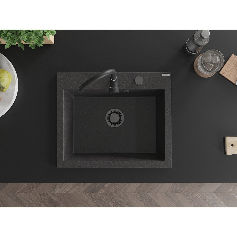 Mexen Elix granitinė vienos komoros plautuvė 600 x 500 mm, juoda dėmėta, juodas sifonas - 6525601005-76-B