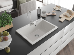 Mexen Elix granitinė vienaaukštė plautuvė 700 x 500 mm, balta, chromuotas sifonas - 6526701005-20