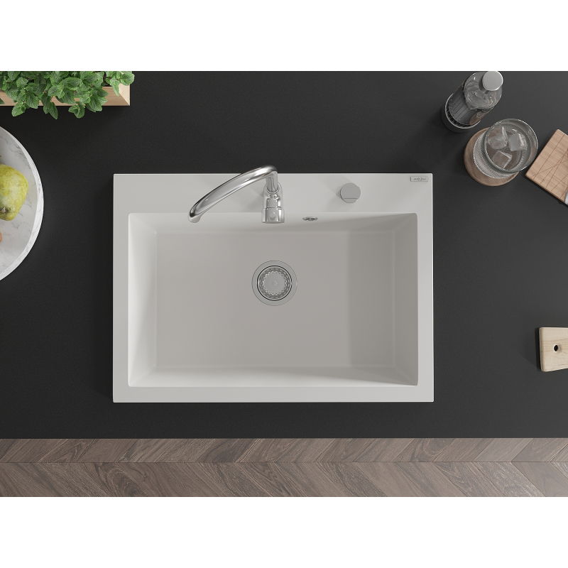 Mexen Elix granitinė vienaaukštė plautuvė 700 x 500 mm, balta, chromuotas sifonas - 6526701005-20