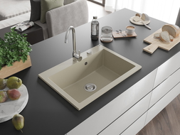 Mexen Elix granitinė plautuvė 1 skyrius 700 x 500 mm, smėlio spalvos, chrominis sifonas - 6526701005-69