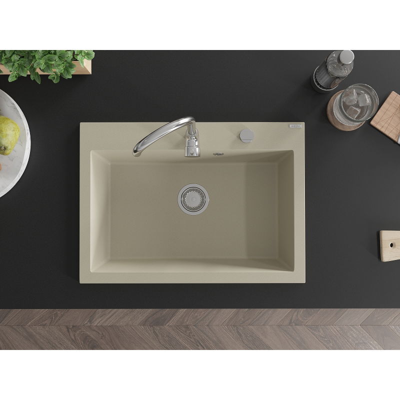 Mexen Elix granitinė plautuvė 1 skyrius 700 x 500 mm, smėlio spalvos, chrominis sifonas - 6526701005-69