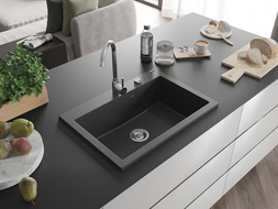 Mexen Elix granitinė kriauklė 1-dalinė 700 x 500 mm, juoda taškuota, chromuotas sifonas - 6526701005-76