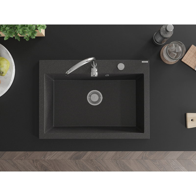 Mexen Elix granitinė kriauklė 1-dalinė 700 x 500 mm, juoda taškuota, chromuotas sifonas - 6526701005-76