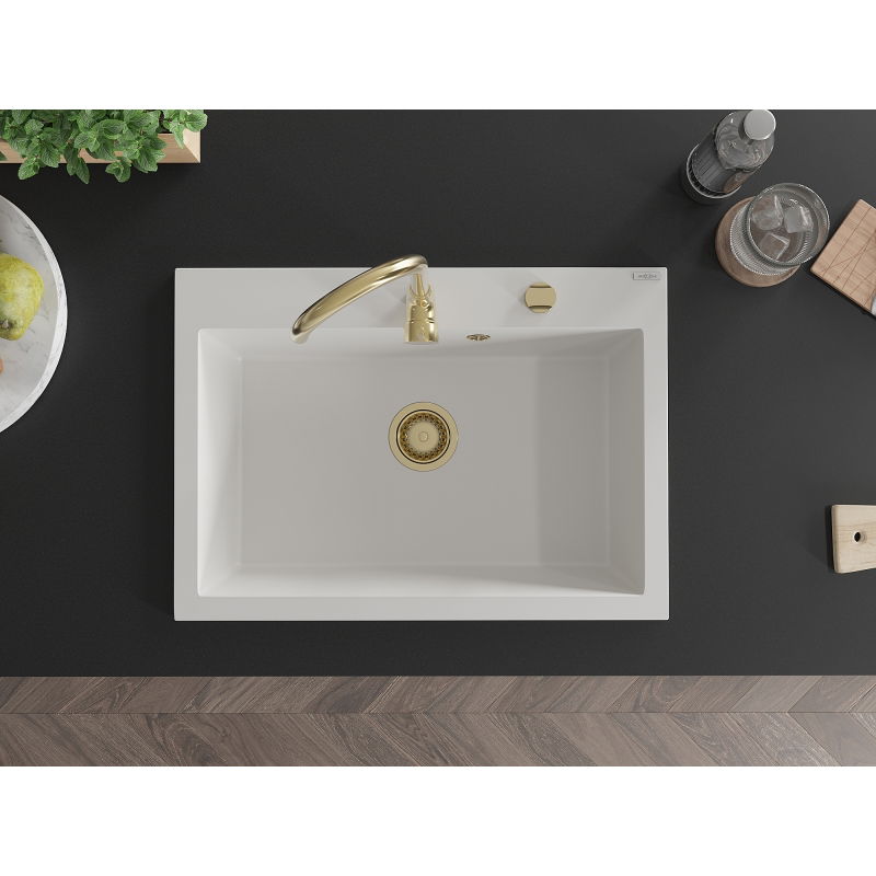 Mexen Elix granito plautuvė su viena kamera 700 x 500 mm, balta, auksinis sifonas - 6526701005-20-G