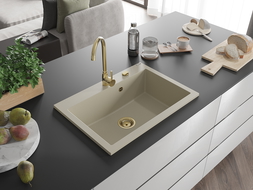 Mexen Elix granito plautuvė su vienu dubeniu 700 x 500 mm, smėlio spalvos, auksinis sifonas - 6526701005-69-G