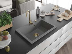 Mexen Elix granitinė virtuvės plautuvė, 1 skyrelis, 700 x 500 mm, pilka, aukso sifonas - 6526701005-71-G