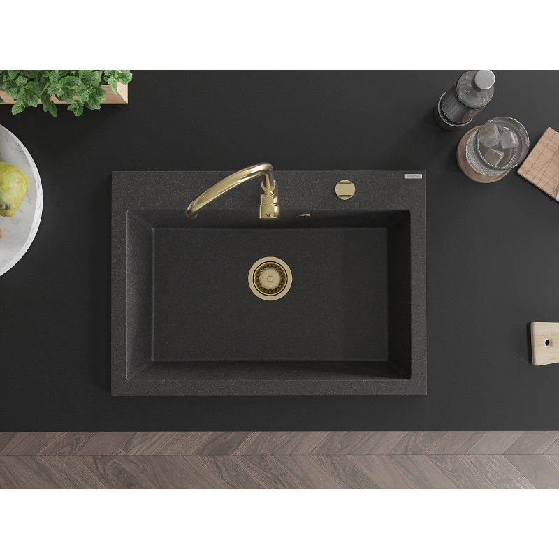 Mexen Elix granitinė virtuvės kriauklė, 1 skyrius, 700 x 500 mm, juoda dėmėta, sifonas auksinis - 6526701005-76-G