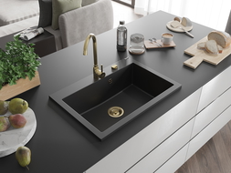 Mexen Elix granitinė vieno dubens plautuvė 700 x 500 mm, juoda, aukso sifonas - 6526701005-77-G