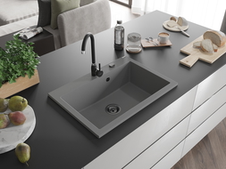 Mexen Elix granitinis virtuvės plautuvas 1-skyrius 700 x 500 mm, pilkas, juoda sifona - 6526701005-71-B