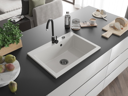 Mexen Elix vienos komoros granitinė plautuvė 700 x 500 mm, balta, juodas sifonas - 6526701005-20-B