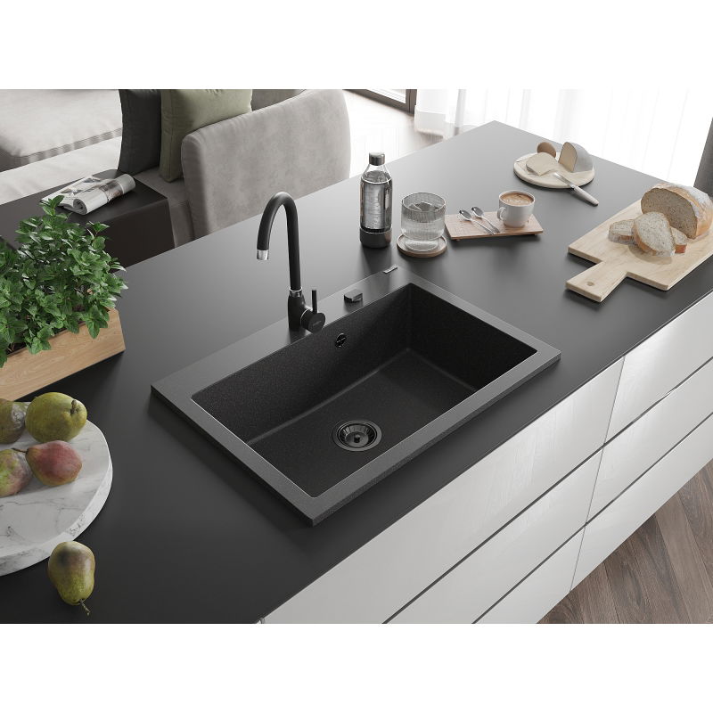Mexen Elix granito plautuvė su viena kamera 700 x 500 mm, juoda su dėmėmis, juodas sifonas - 6526701005-76-B