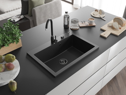 Mexen Elix virtuvės plautuvė iš granito, 1 skyrius, 700 x 500 mm, juoda, juodas sifonas - 6526701005-77-B