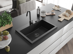 Mexen Elix granito plautuvė 1 skyrius 700 x 500 mm, juoda/sidabrinė metalo spalva, juodas sifonas - 6526701005-73-B