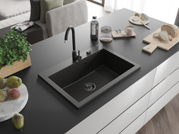 Mexen Elix granitinė kriauklė su viena anga, 700 x 500 mm, juoda/auksinė metalo spalva, juodas sifonas - 6526701005-75-B