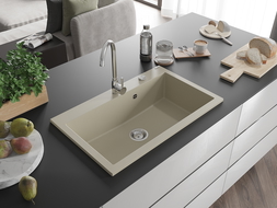 Mexen Elix granitinė virtuvės kriauklė 1 dubuo 800 x 500 mm, smėlio, chromuotas sifonas - 6527801005-69
