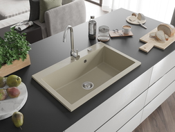 Mexen Elix granitinė virtuvinė plautuvė, 1 skyrius, 800 x 500 mm, smėlio spalvos, chromo sifonas - 6527801005-69