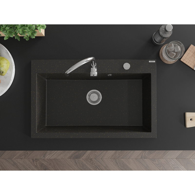 Mexen Elix vienos kameros granito kriauklė 800 x 500 mm, juoda/auksinė metalo, chromas sifonas - 6527801005-75